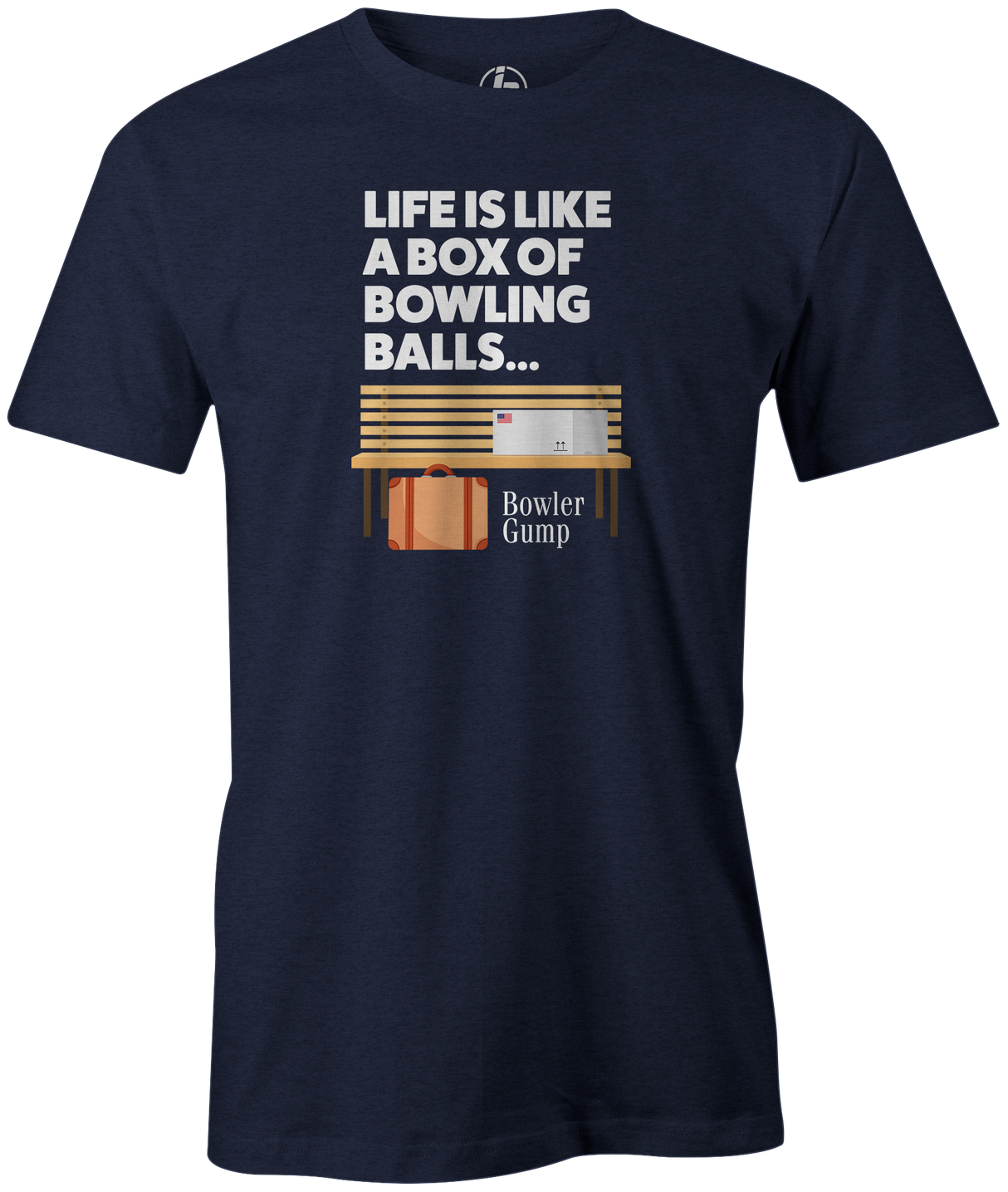 Life is Like a Box Of Bowling Balls Men's t-shirt, navy, bowling, movie, tom hanks, forreest gump, league bowling team shirt, tournament shirt, funny, cool, novelty, vintage, classic. tee, t-shirt, tee shirt, tee-shirt, tees, apparel, merch.
