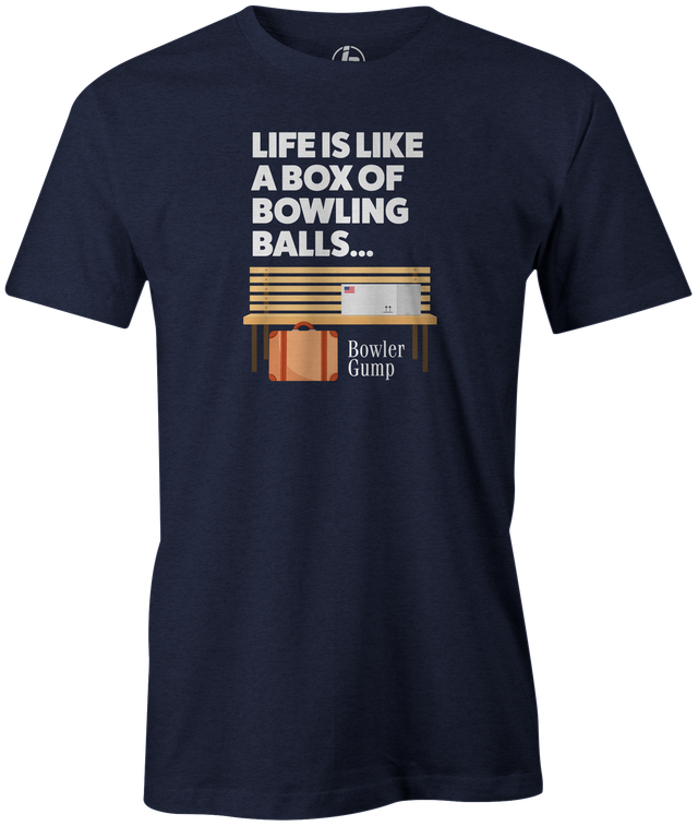 Life is Like a Box Of Bowling Balls Men's t-shirt, navy, bowling, movie, tom hanks, forreest gump, league bowling team shirt, tournament shirt, funny, cool, novelty, vintage, classic. tee, t-shirt, tee shirt, tee-shirt, tees, apparel, merch.