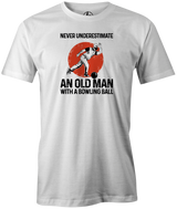 Never Underestimate an Old Man with a Bowling Ball Men's Bowling shirt, white, tee, tee-shirt, tee shirt, apparel, merch, cool, funny, vintage, father's day, gift, present, cheap, discount, free shipping.